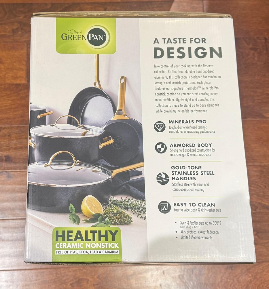 GreenPan Reserve 10Pc Ceramic Nonstick Cookware Set Matte Black Pots Pans