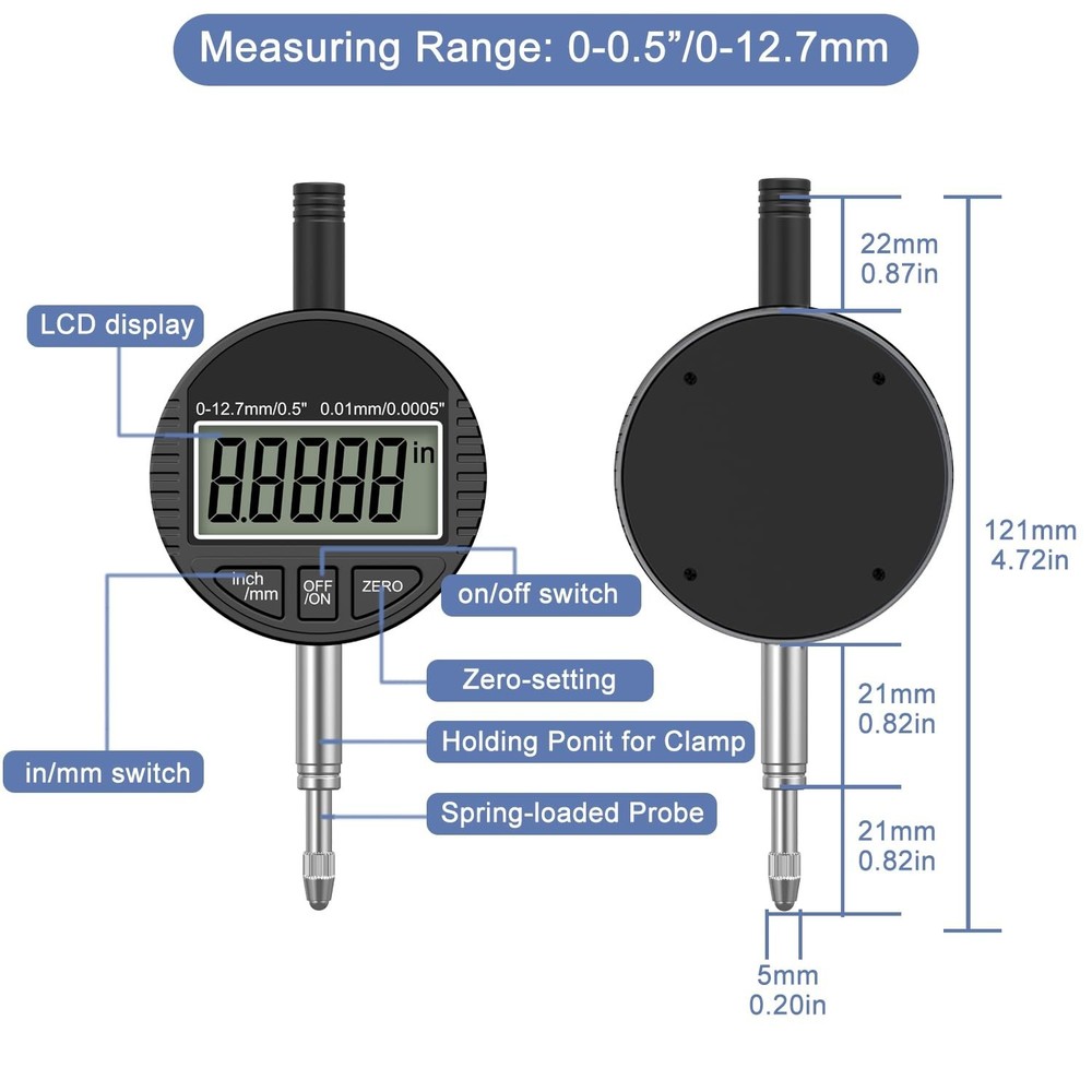 0-12.7mm High Precision Dial Indicator with LCD Display and Metric Conversion