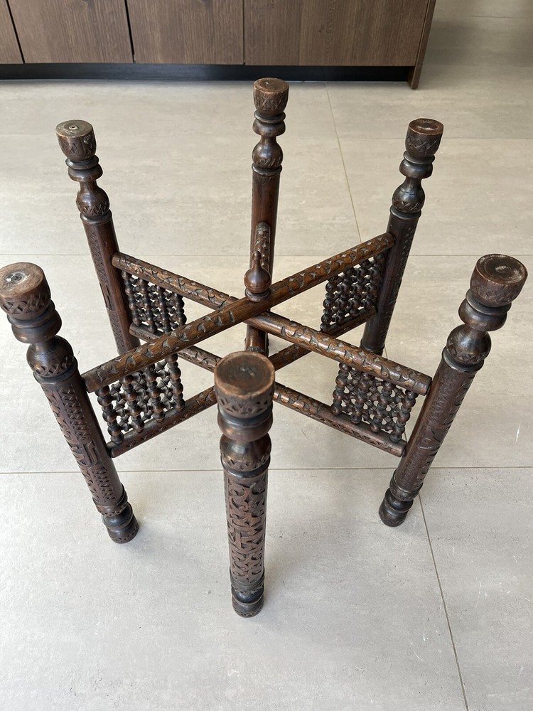 Antique Indian Benares Folding Side Table with Dished Brass Tray