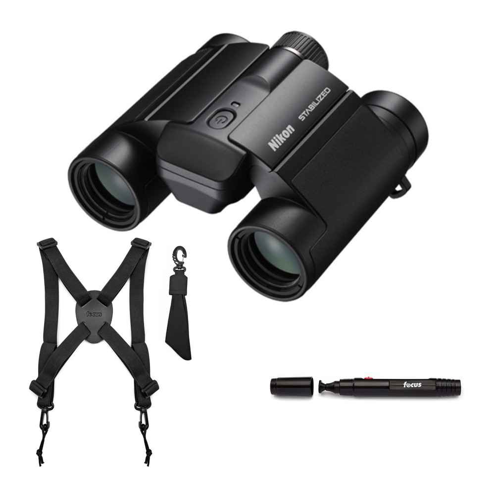 Nikon 10x25 S Dual Hinge Design Stabilized Binoculars Harness Bundle (Black)