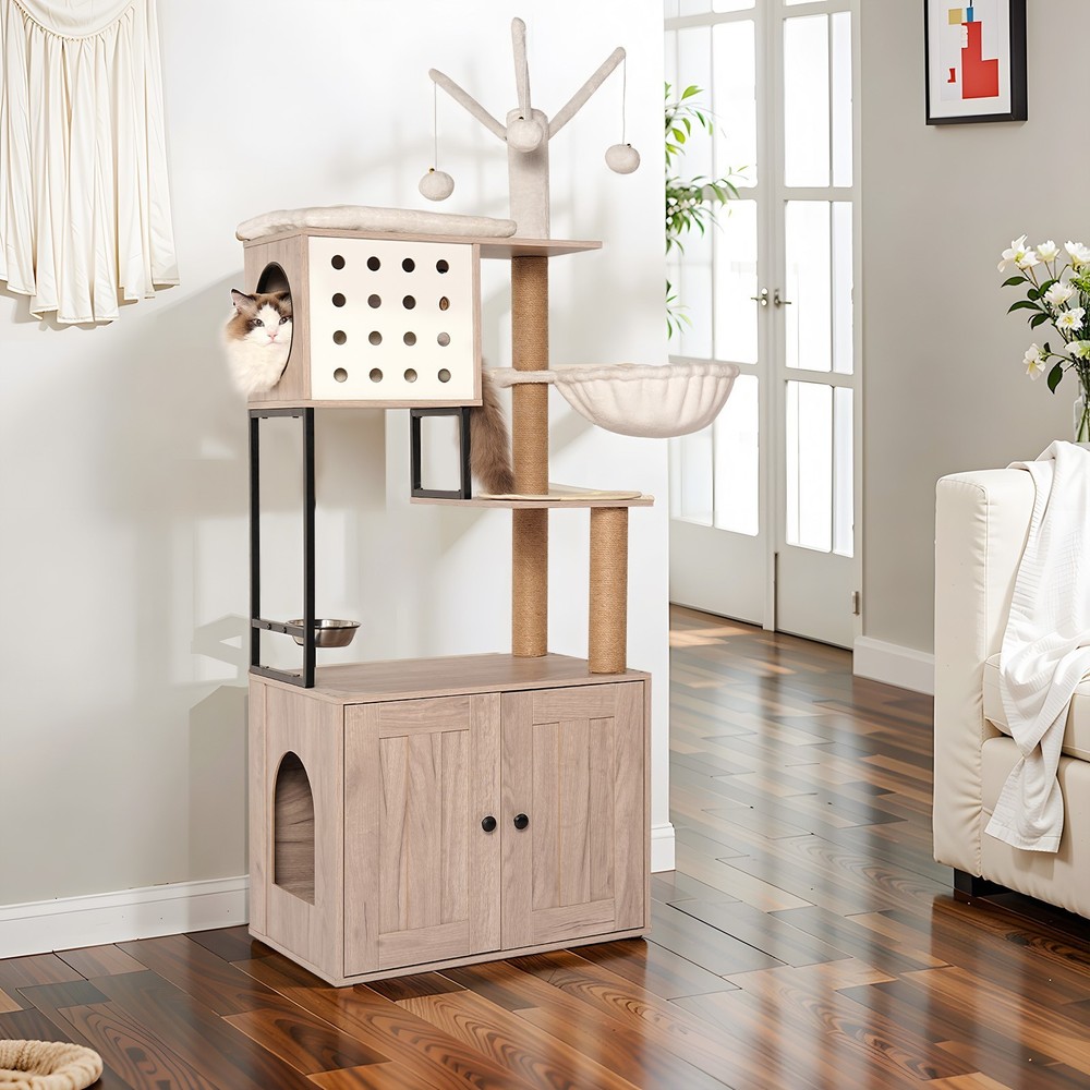 Cat Tree with Litter Box Enclosure - Modern Cat Condo with Scratching Posts