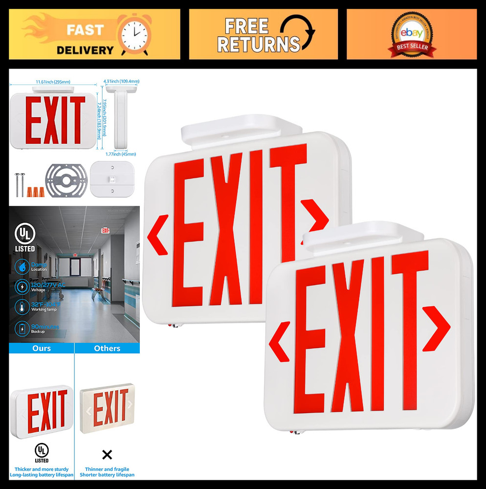 Emergency LED Exit Sign with Battery Backup, Double Face, UL 924, Hardwired, Red