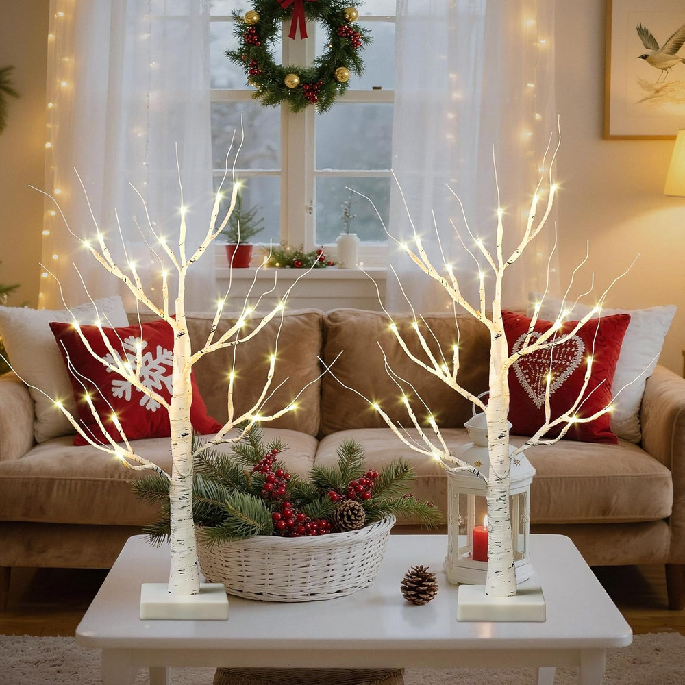 2 Pack 2 FT Lighted Birch Trees with LED Lights for Holiday Decor