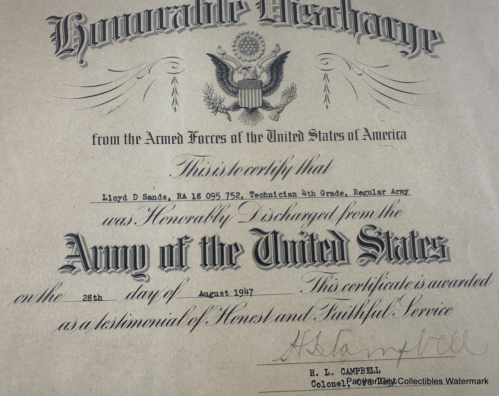 Post WWII Document 1947 Honorable Discharge Technician Army Lloyd D Sands