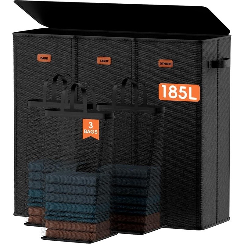 3 Compartment Laundry Hamper W/ Lid Removable Bags Odor Control Space Saving New