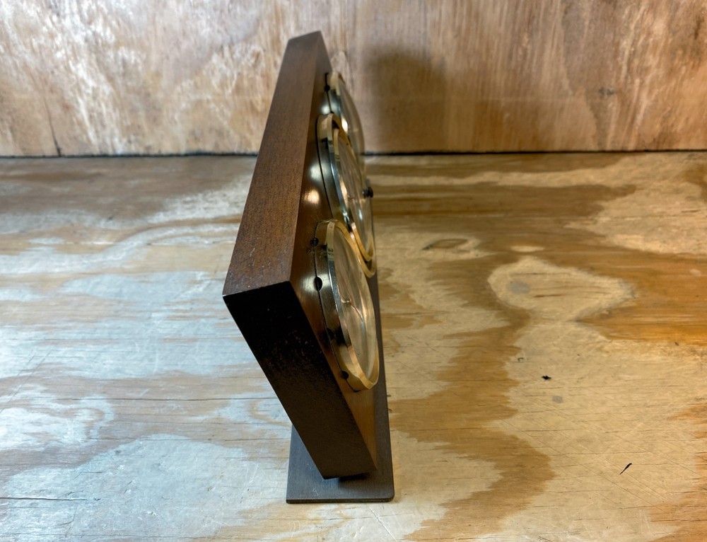 Tabletop Weather Station featuring three analog gauges in a solid wood case