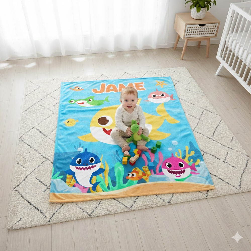 Personalized Cute Shark Toddler Flannel Blanket – Soft Cozy Throw
