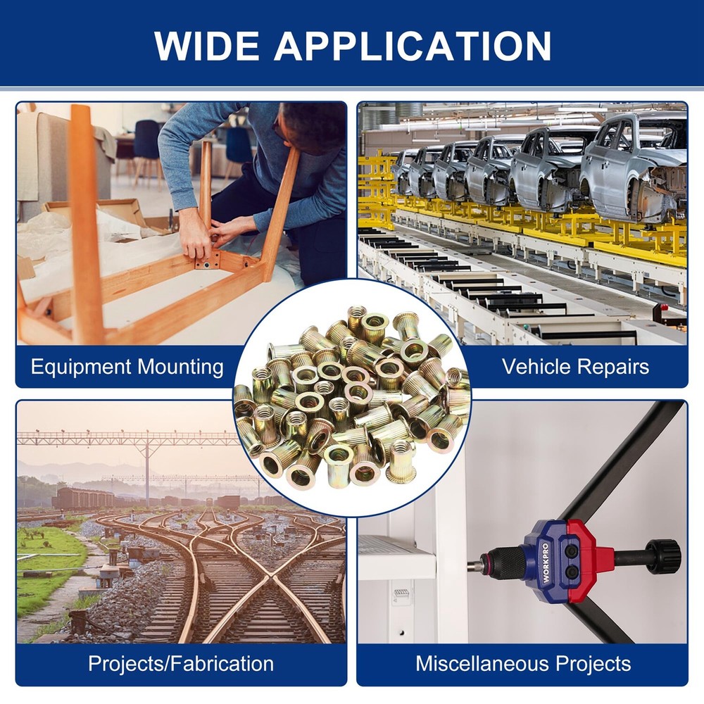 WORKPRO 150PC Rivet Nut 1/4"-20 Zinc Plated Rivnut Flat Head Threaded Insert Nut