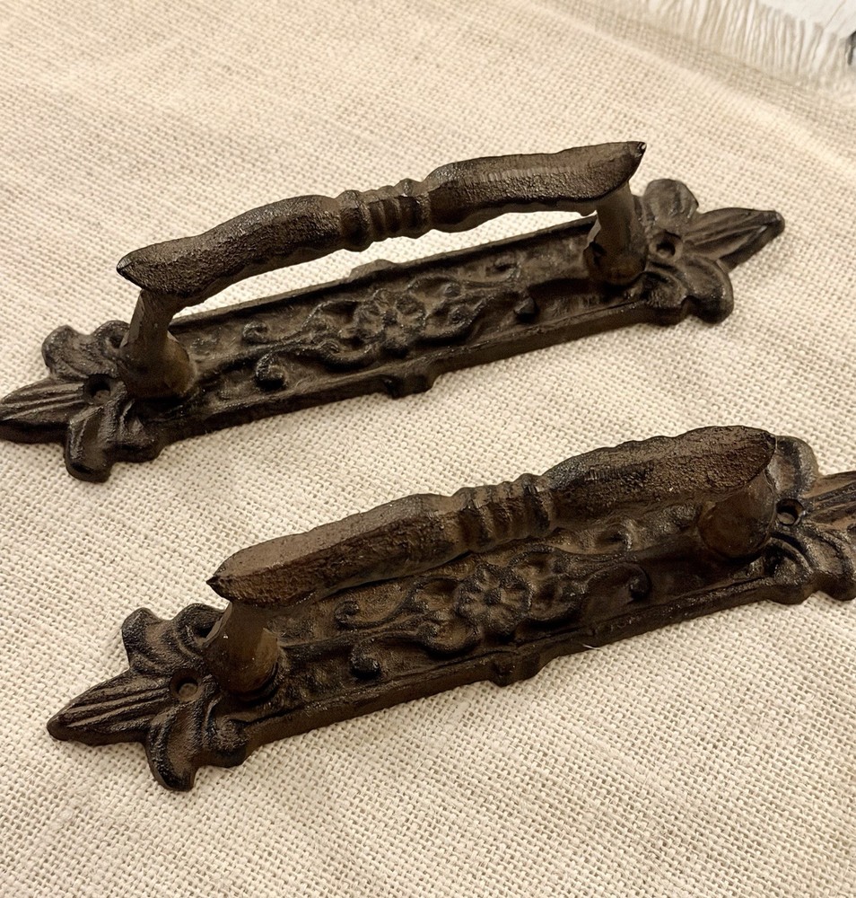 2 Large Victorian Door Handle Pull Cast Iron Fleur De Lis Design Rustic Gothic