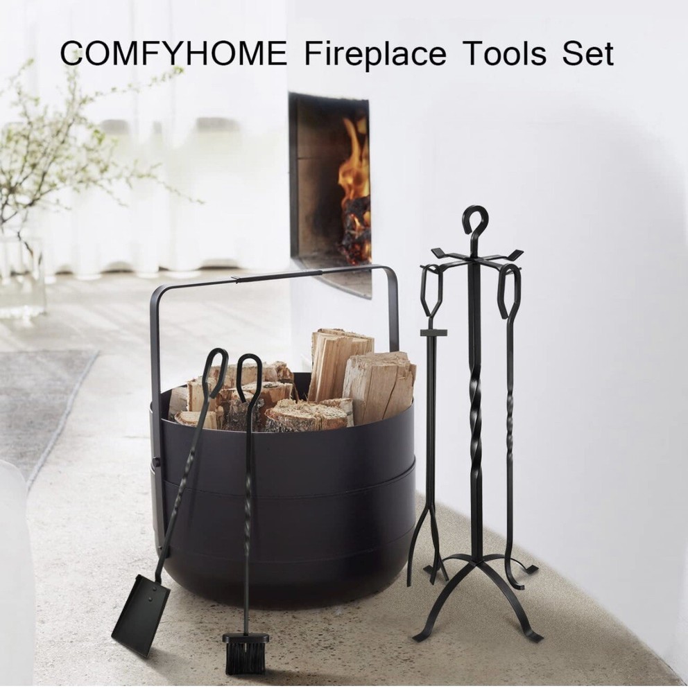5-Piece Fireplace Tools Set 31’’, Heavy Duty Wrought Iron Fire Place Toolset wit