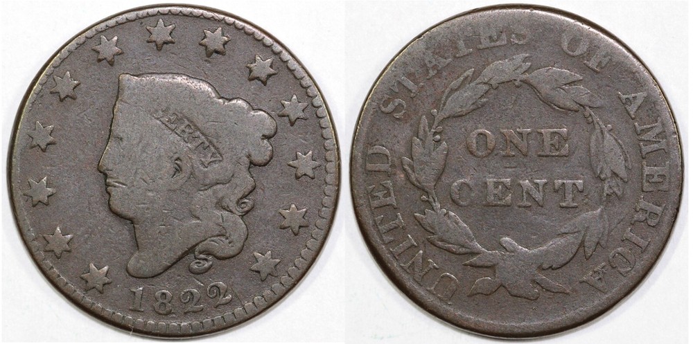 1822 1c N-12 Coronet or Matron Head Large Cent