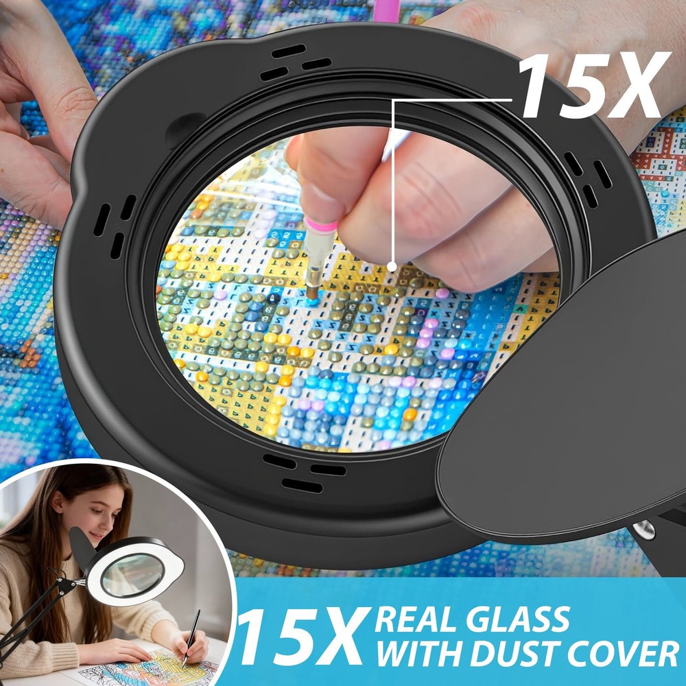 15X Magnifier Lamp with Protective Cover Adjustable LED Light for Precision Work