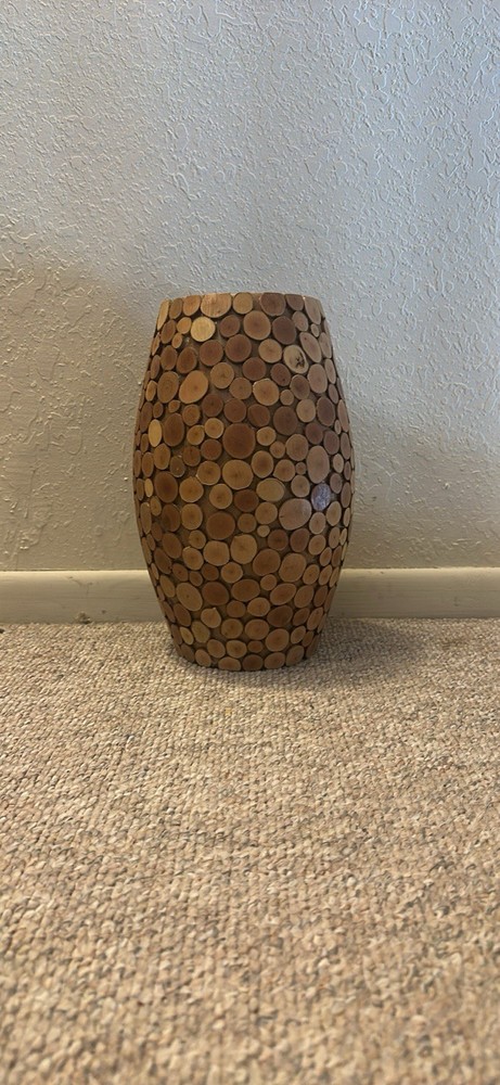 Wood Art Vase, Brown, Matte Finish, Geometric Pattern, Rustic Decorative
