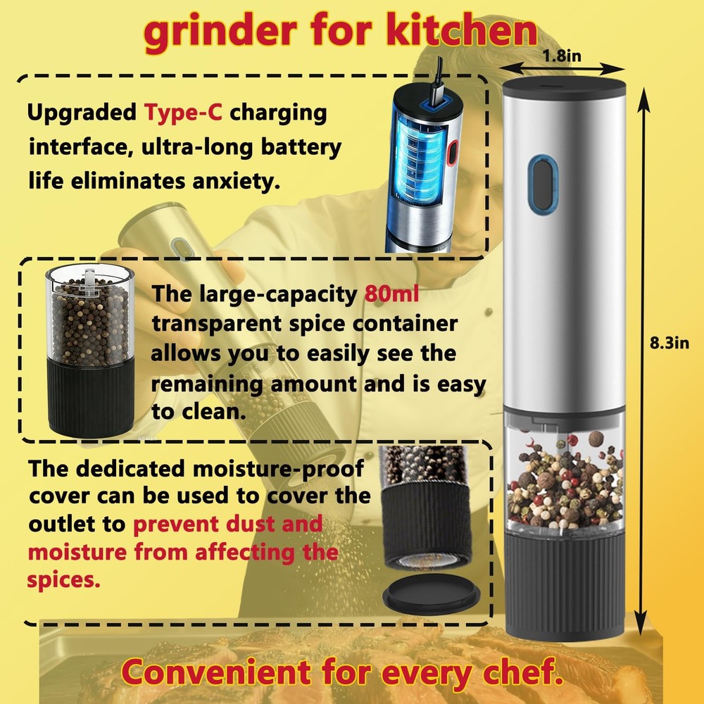 Salt and Pepper Grinder Set Rechargeable Automatic Mills with Light Adjustabl...