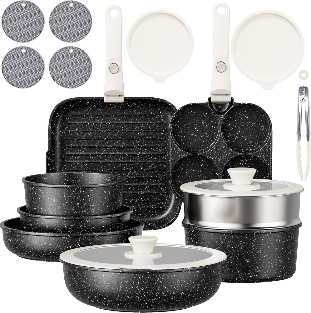 Detachable Nonstick Cookware Set Stackable Induction Pots & Pans W/ Removable