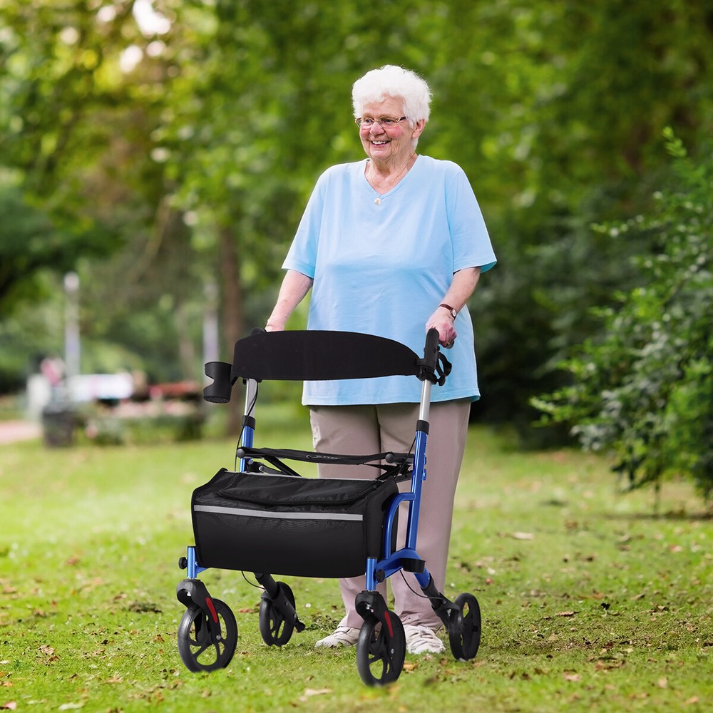 Compact Blue Rollator Walker for Seniors - Easy Folding Aid with Seat & Storage