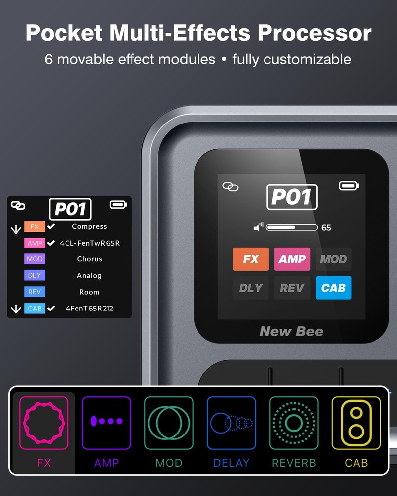 Pocket AMP Multi Effects Processor with 6 Module 80 Editable Effects, IR Load...
