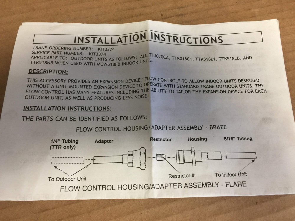 TRANE KIT03374 FLOW CONTROL HOUSING/ ADAPTOR ASSEMBLY,;FOR USE WITH MCW518F