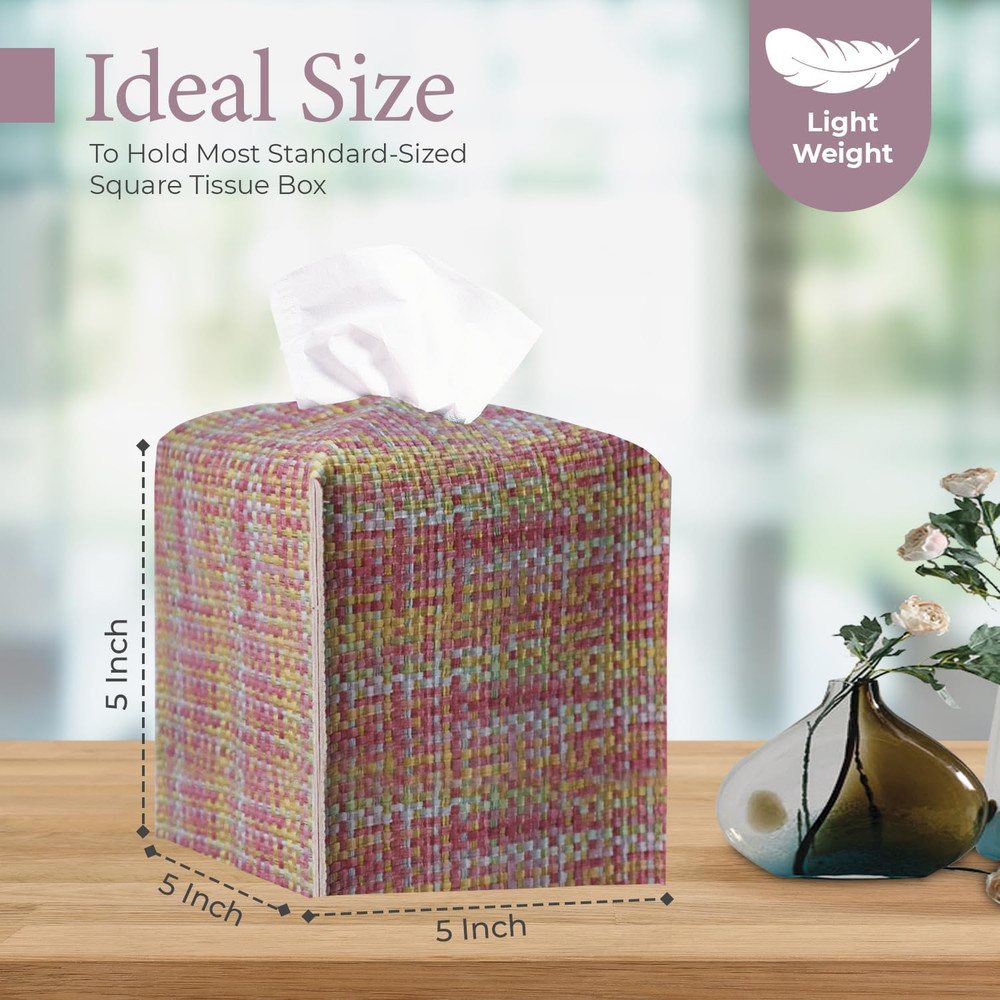 Tissue Box Cover, PU Leather Square Tissue Box Holder with Woven Pattern, Cube T