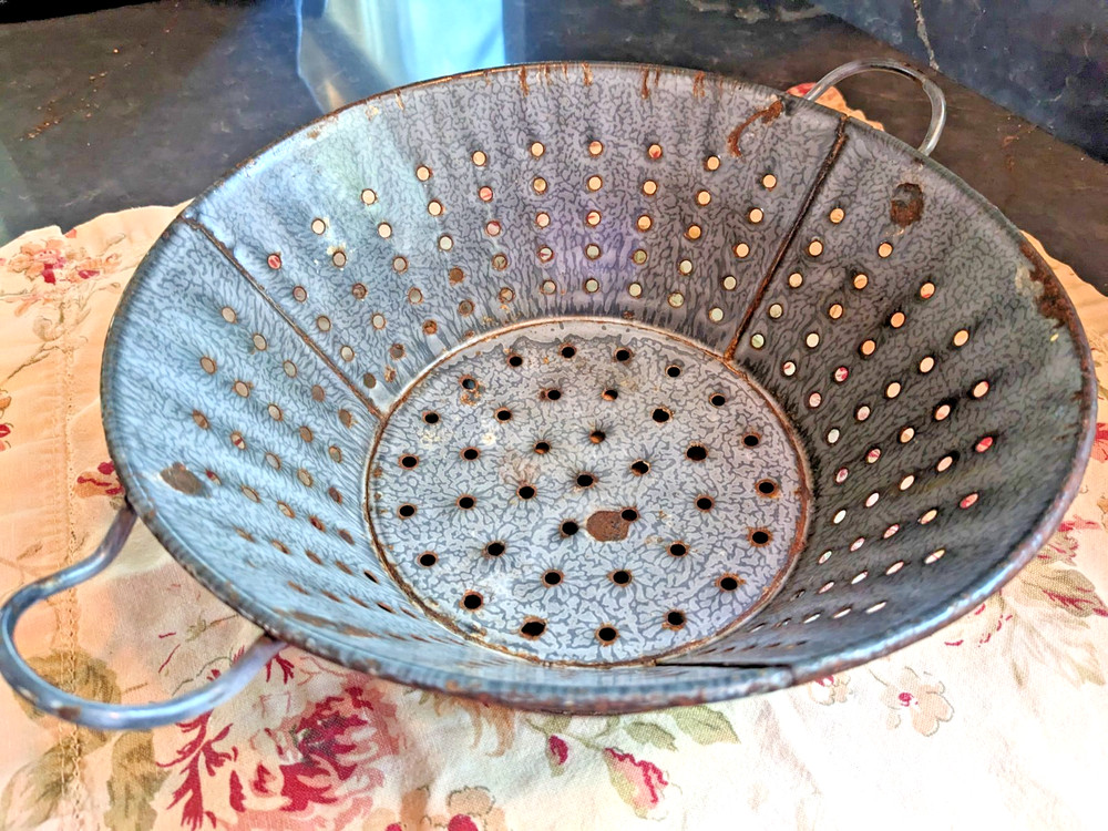 Antique Graniteware Colander Enamelware Strainer Rustic Primitive Farmhouse