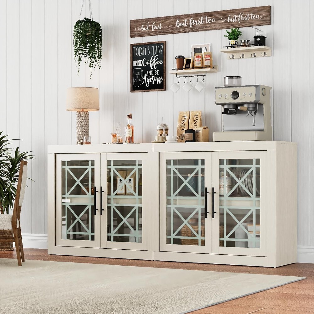 70.9" Buffet Sideboard with Storage with 4 Screen-Printed Glass Doors White