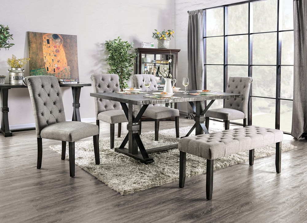 Classic Light Gray Color 1PC BENCH Button Tufted Linen Like Fabric Solid wood