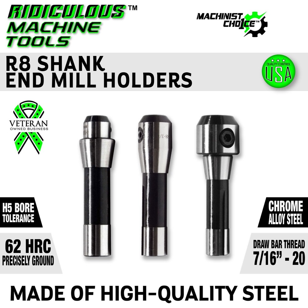 High Precision R8 End Mill Holder 3/16" - High Quality Steel