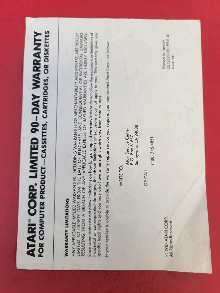 atari 90 day warranty insert