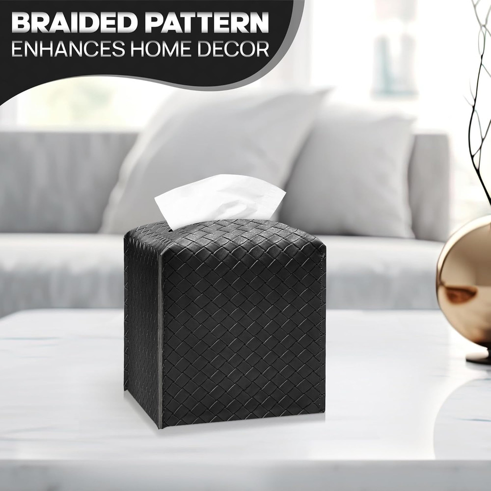Tissue Box Cover Holder, PU Leather Tissue Box Cover with Braided Pattern, Squar