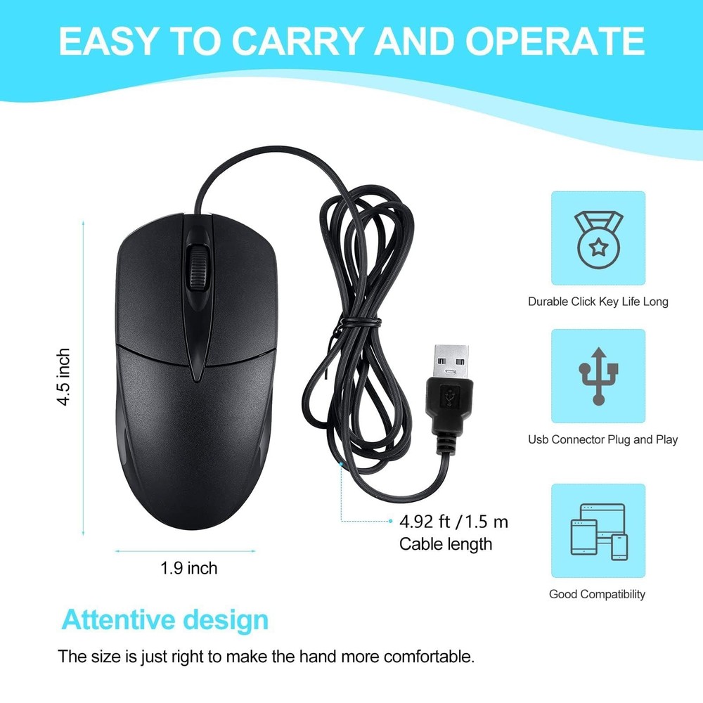 60 PCS Black Wired USB Computer Bulk - 1000 DPI 3 Button Corded With Home Off...