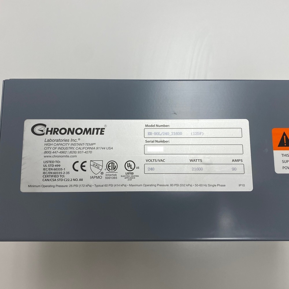 Chronomite Instant Tankless Water Heater ER-90L/240_21600 Commercial Residential