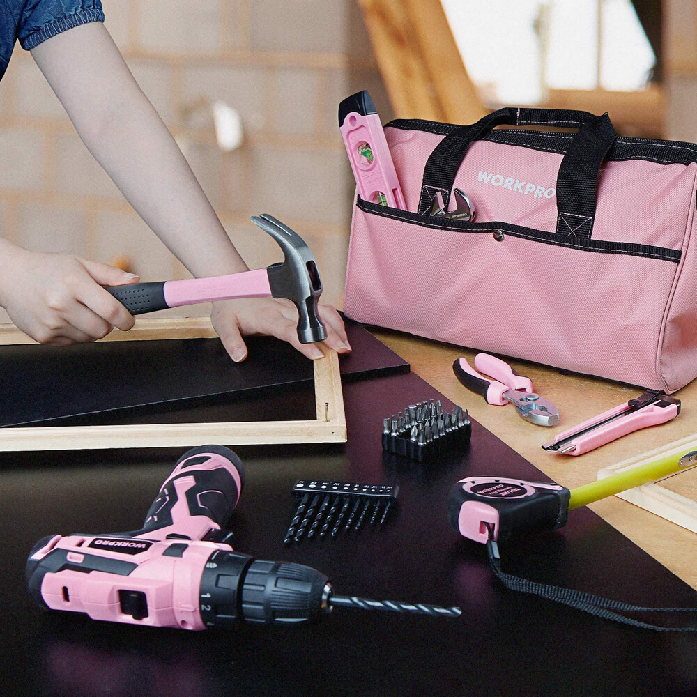 WORKPRO 12V Pink Cordless Drill Driver Set Home Tool 61PC Hand Tool Set Bag Pink