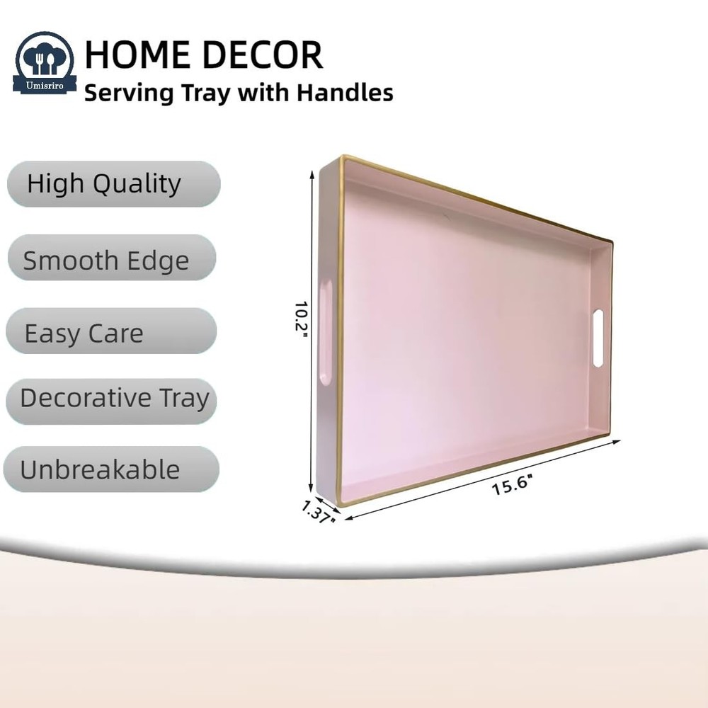 Pink Rectangular Serving Tray, 15.6x10.2x1.37 inch, Decorative Plastic, Handles