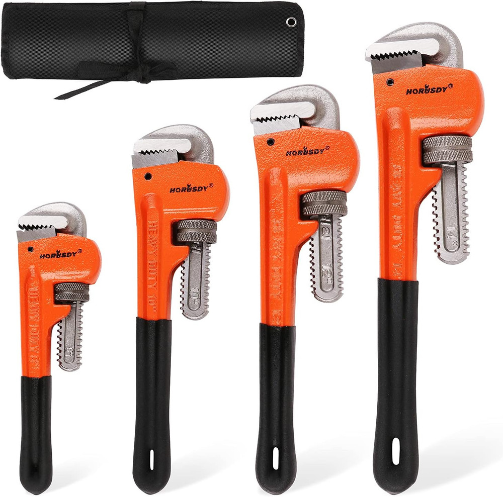 4-Pack Heavy Duty Pipe Wrench Set | 8",10",12",14" Adjustable Plumbing Tools + B