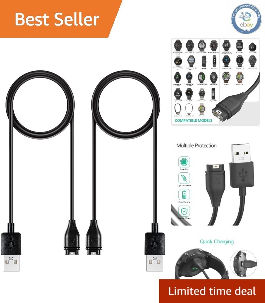 Durable USB Charging Cable for Garmin Watches - 2-Pack with Safety Features