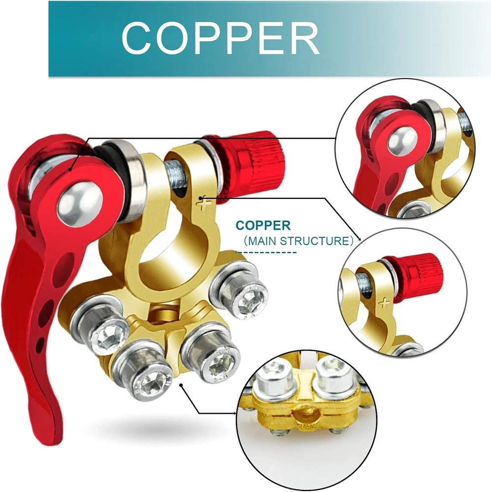 2PCS Battery Terminal Connectors, 4 Way Quick Release Disconnect Battery Copper