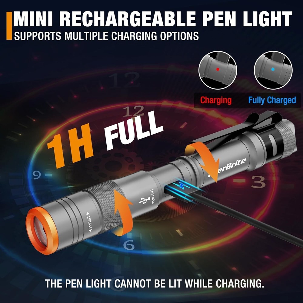 Mini Pen Light, Rechargeable Pocket Pen Flashlight with USB C Cable 4 Light Mode