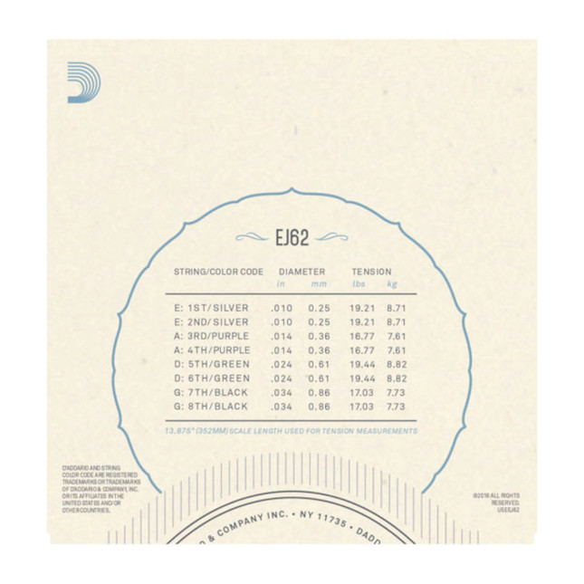D'Addario EJ62 80/20 Bronze Loop End Mandolin Strings; 8-string set 10-34