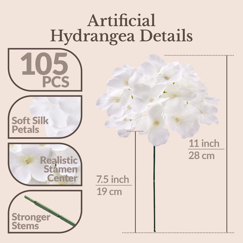 105PCS Hydrangea Artificial Flowers with Stronger Bendable Stems, Premium Sil...