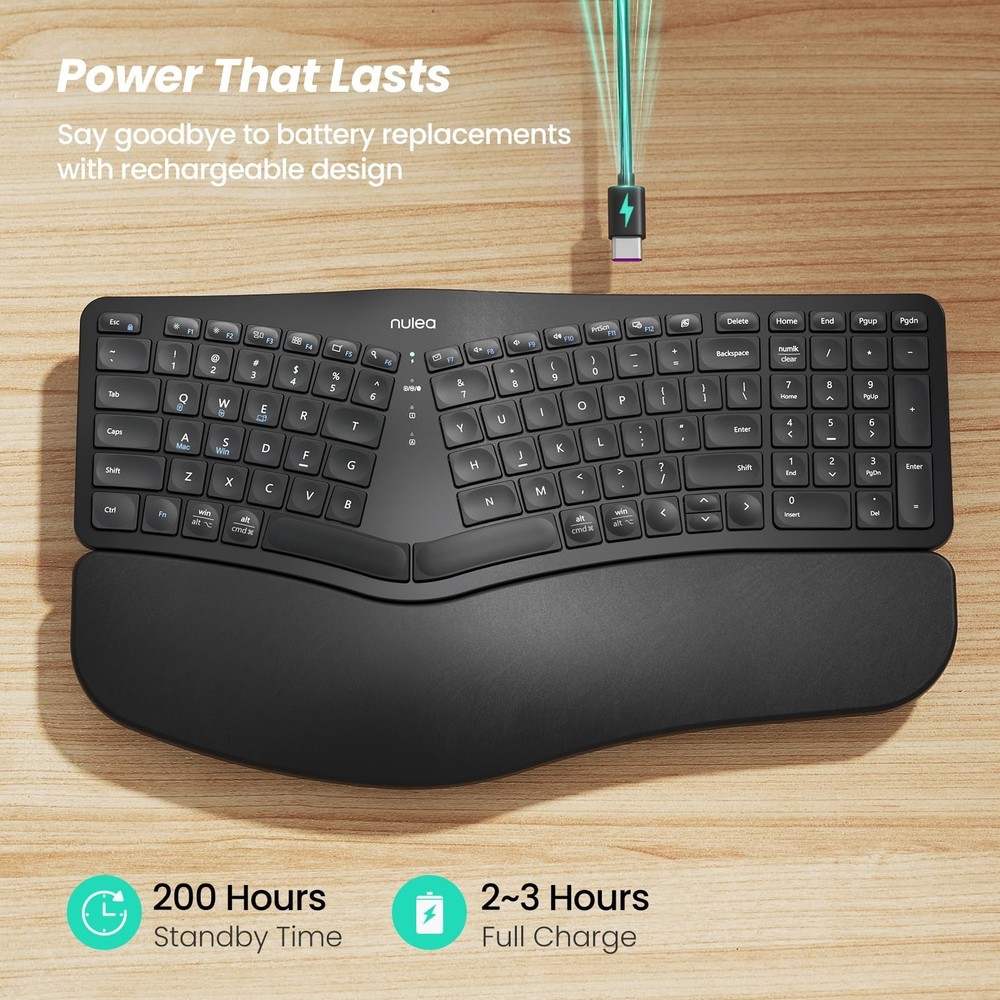 Nulea Wireless Ergonomic Keyboard, Split Keyboard with Cushioned Wrist Rest, ...