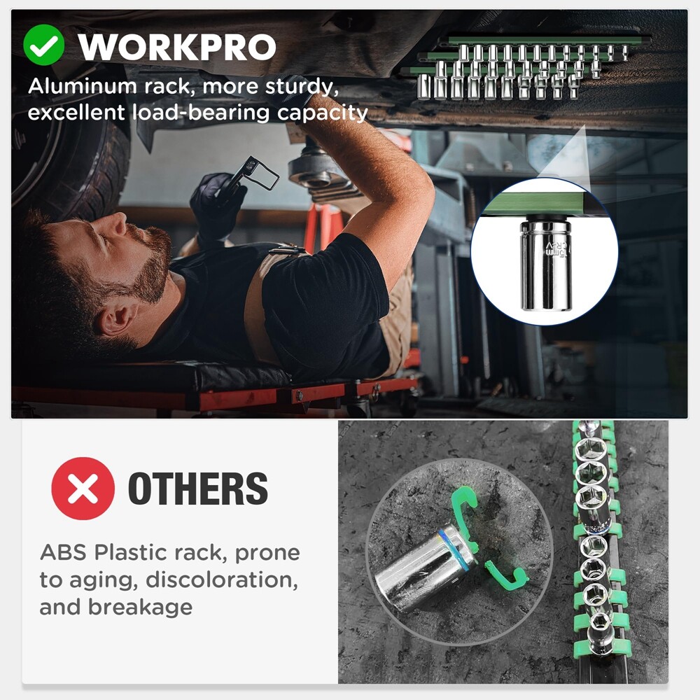 WORKPRO Magnetic Socket Organizer 3/8 Dr Aluminum Alloy Heavy Duty Socket Holder
