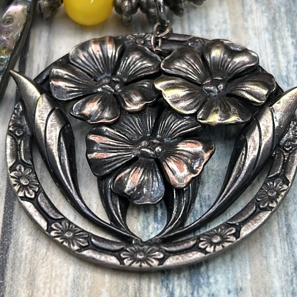 Adorned Crown Artisan Assemblage abalone shell stone floral pendant necklace