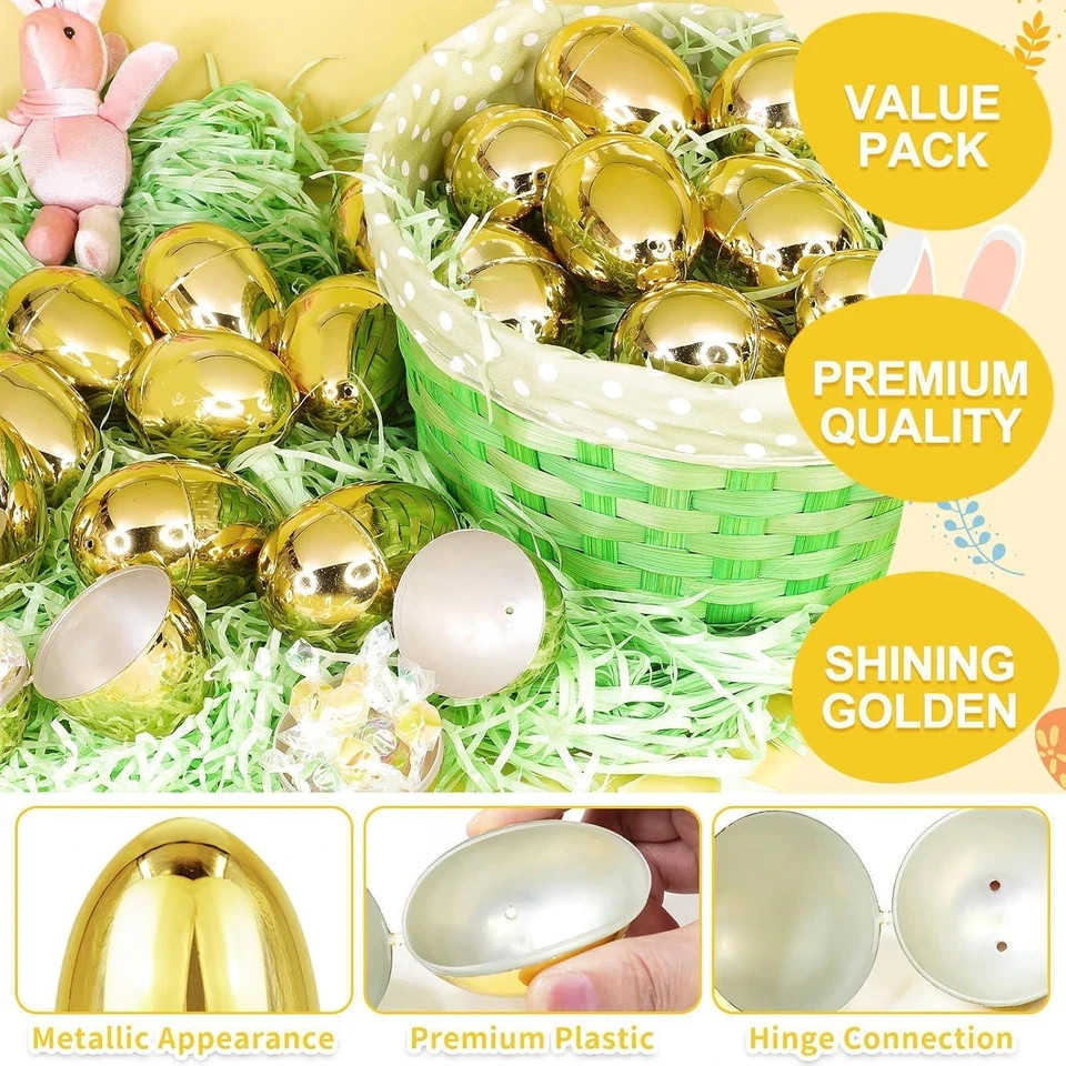 12 Pack 3.15" Large Golden Easter Eggs Empty, Shiny Metallic Plastic Easter Eggs
