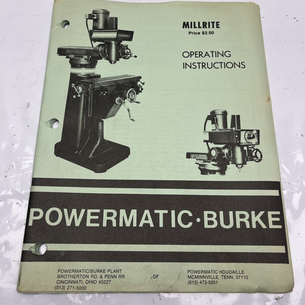 POWERMATIC Millrite Vertical Milling Machine Owner Operator's Manual