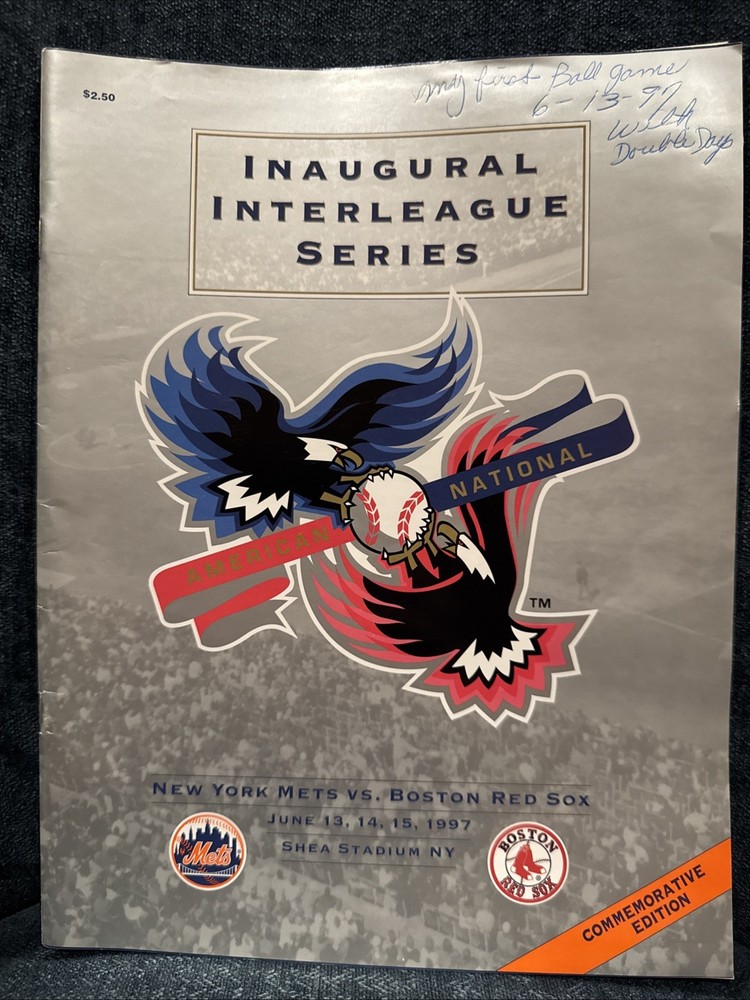 1997 Inaugural Interleague Mets vs Red Sox Program w/ Handwritten Note VG