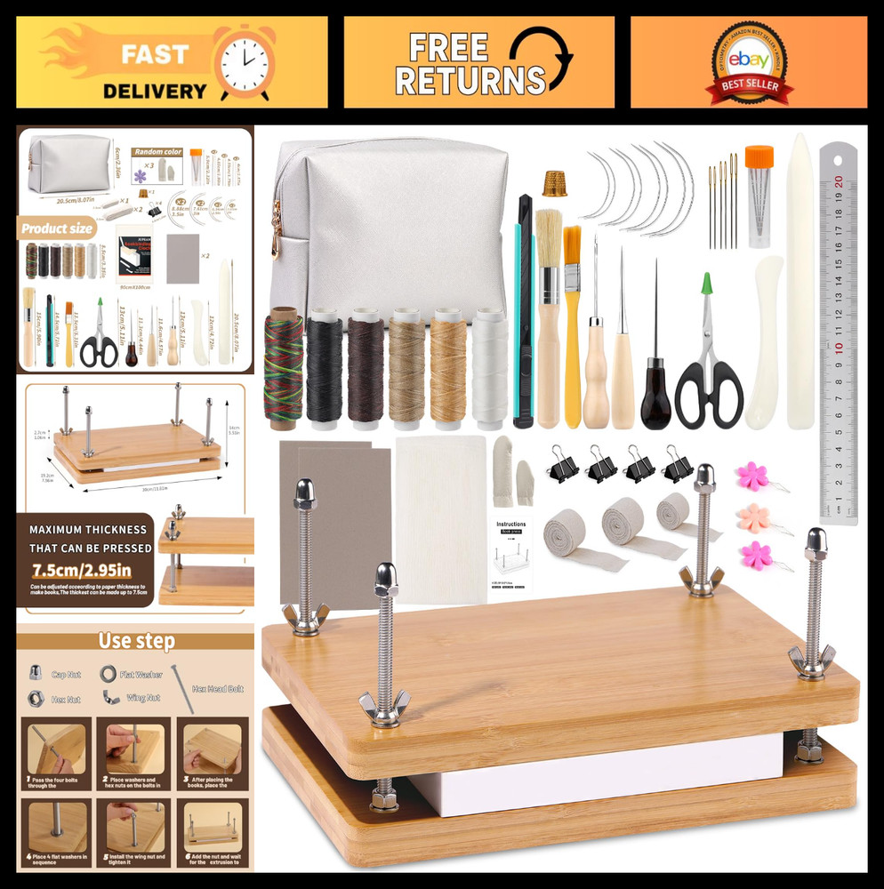 45 Pcs Book Binding Kit with Press, Bone Folder, Webbing Strap & Storage Bag