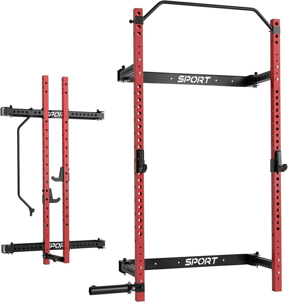 Folding Wall-Mounted Squat Rack 1000Lbs with Pull-Up Bar & J-Hooks