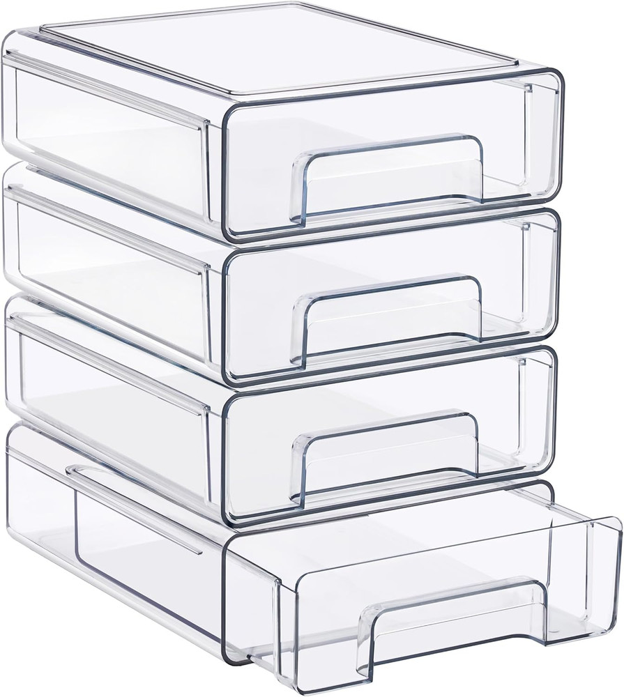 Medium Clear Stackable Storage Drawers 4-Pack Plastic Organizer Bins with Handle