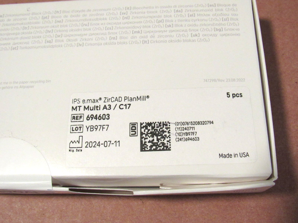 e.max ZirCAD Planmill Blocks MT Multi A3 / C17 5pcs NEW