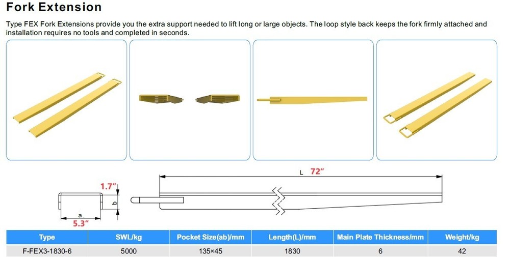 Pallet Fork Extensions 72in Fork Blades with 5.5in Width